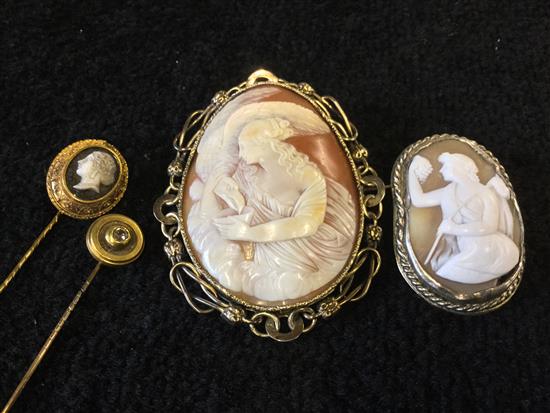 Cameo brooch, Leda and The Swan, Mother Cameo brooch, and 2 other tie pins